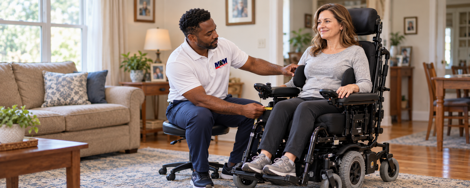 Illustration of a therapist assessing seating and positioning in a wheelchair at home.