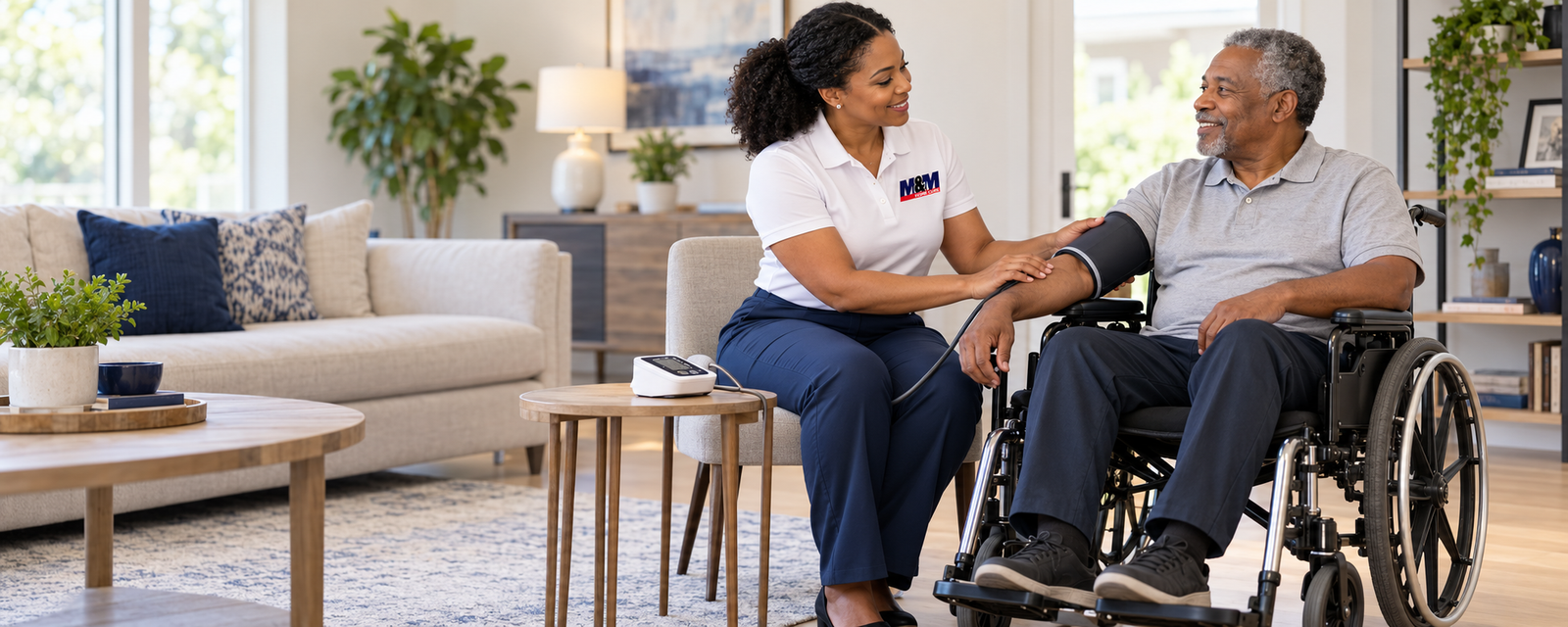 Illustration of a nurse checking blood pressure during a home visit with a patient who uses a wheelchair.