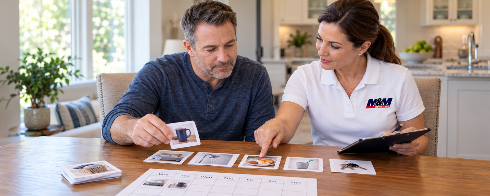 Illustration of an occupational therapist using picture cards and a calendar during cognitive rehabilitation at home.