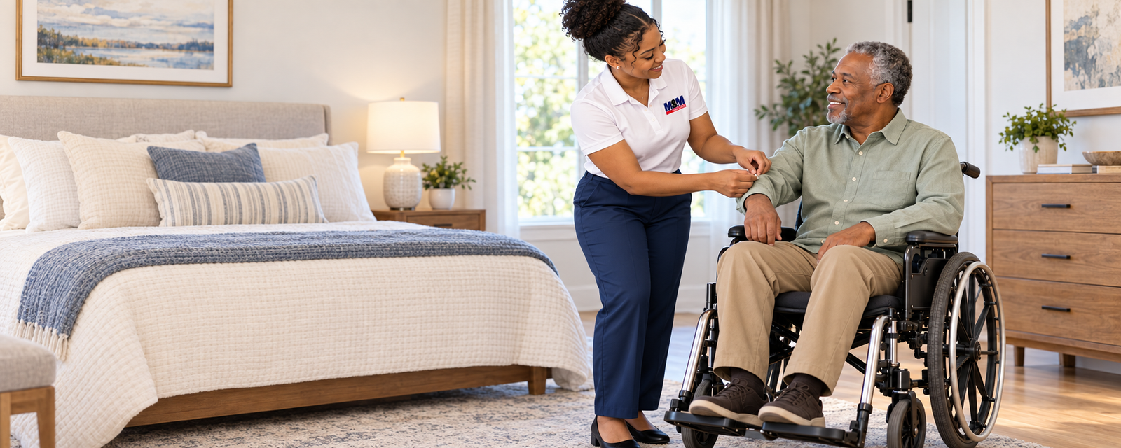 Illustration of an attendant assisting a patient with a shirt sleeve in a bedroom.