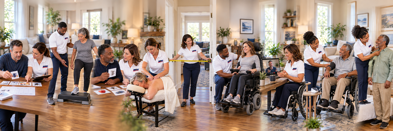 Illustrated panorama of occupational, physical, speech and massage therapy, home accessibility and wheelchair evaluations, counseling, nursing and attendant care.