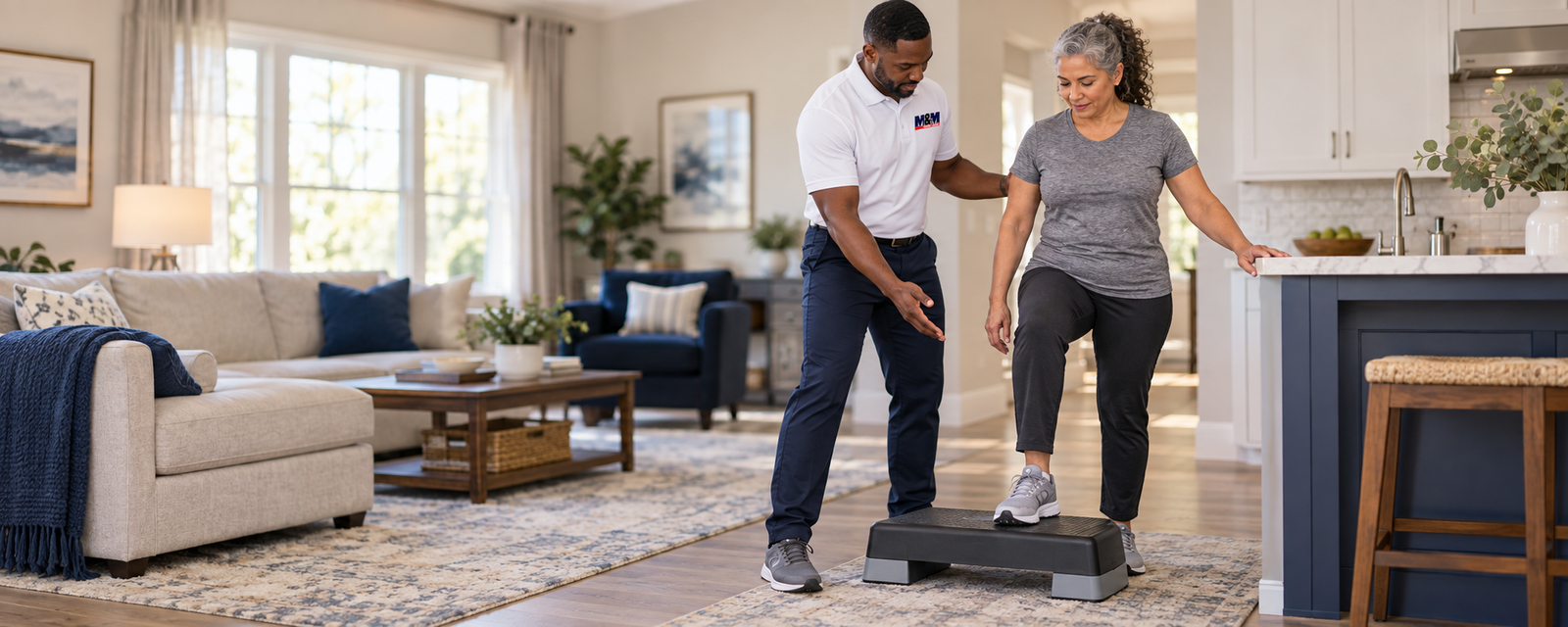 Illustration of a physical therapist guiding step-up practice with a patient at home.