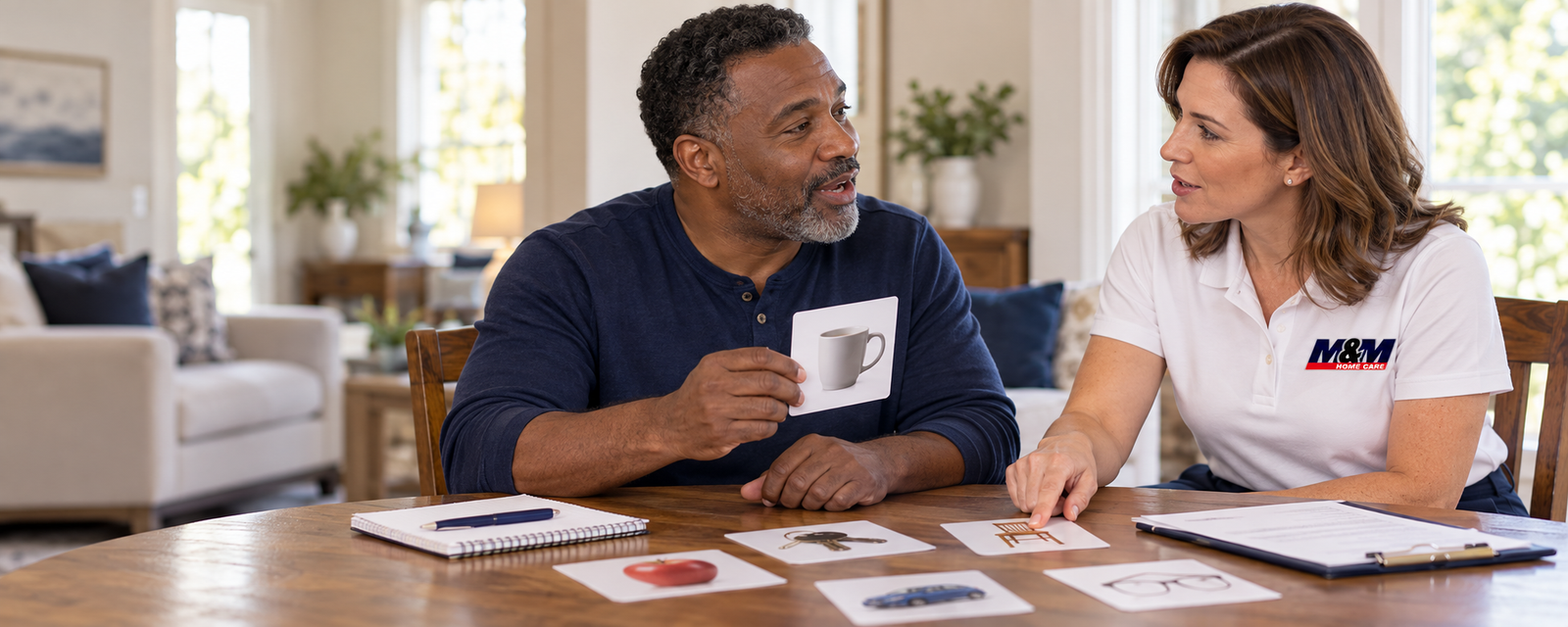 Illustration of a speech therapist and patient working with communication picture cards at home.