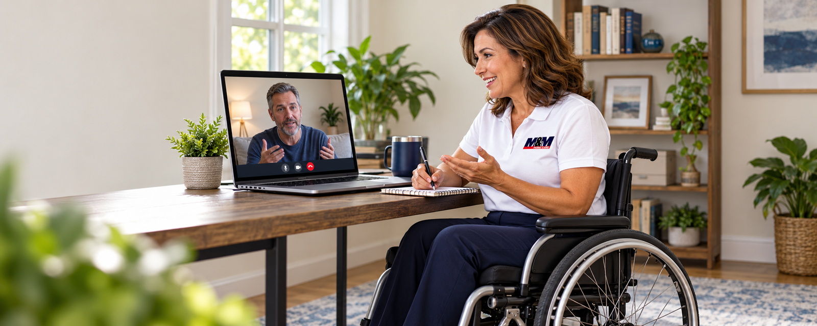 Illustration of a counselor who uses a wheelchair speaking with a patient by video call.